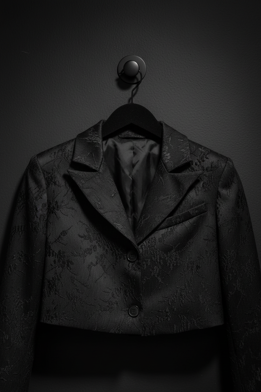 Blazer jacquard noir sur cintre fond sombre