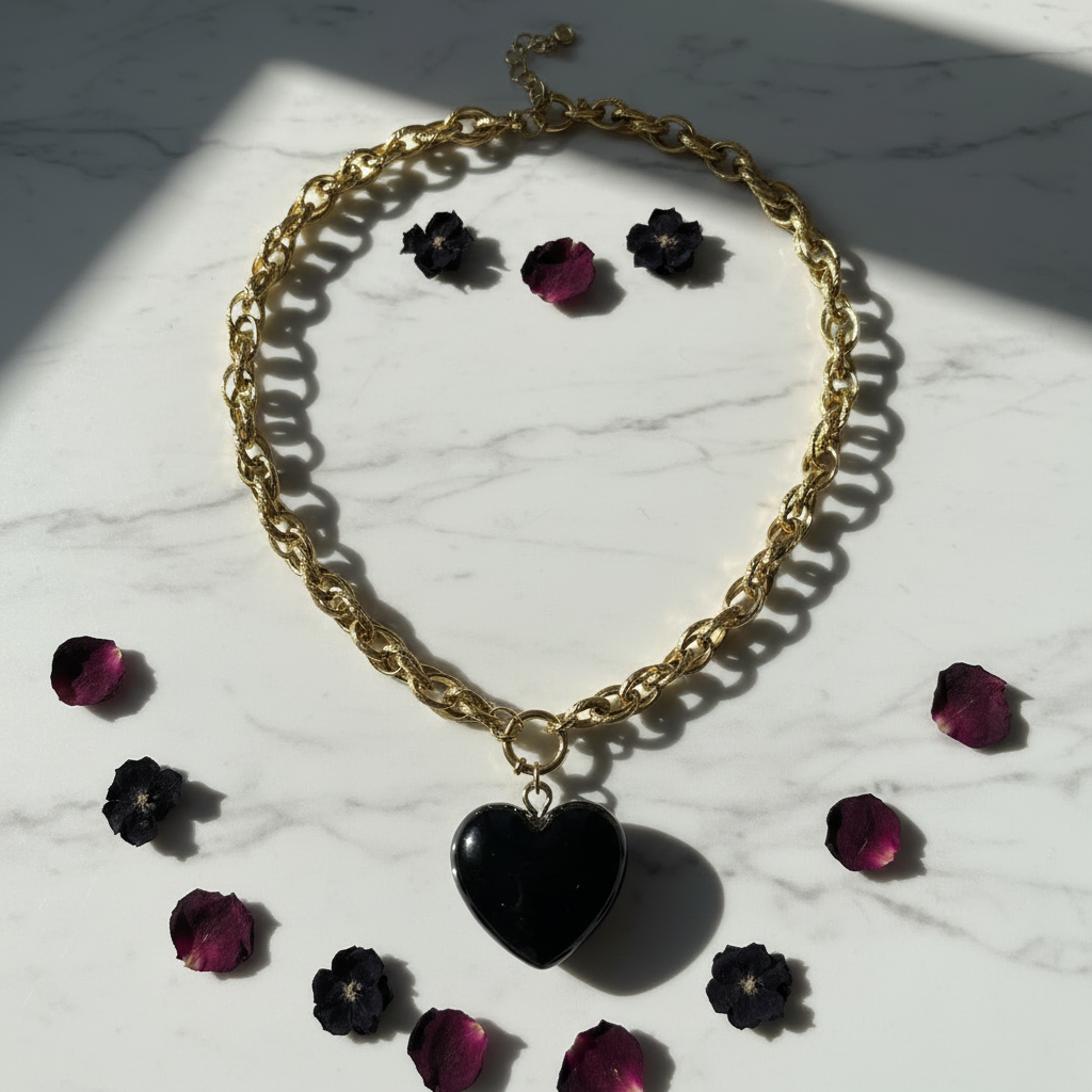 Collier cœur noir - flat lay