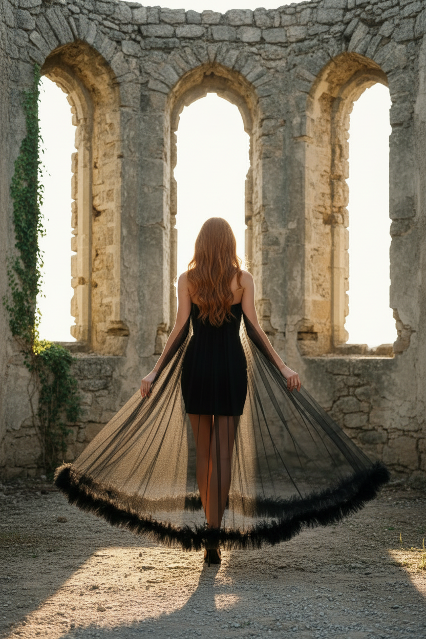 Robe noire – rousse – château – vue de dos