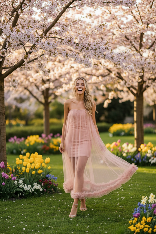 Robe tulle rose – pose dynamique printemps