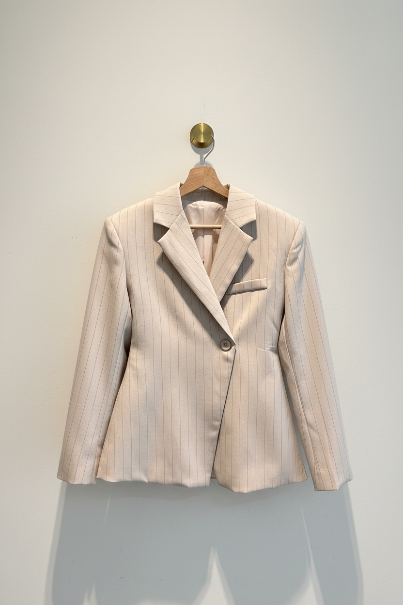 Blazer beige pinstripe sans étiquette sur cintre