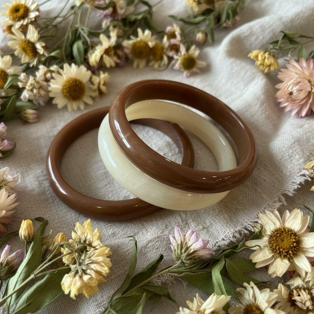 Bracelets caramel crème flat lay nature