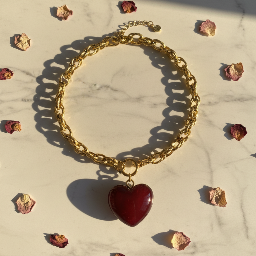 Collier cœur rouge - flat lay