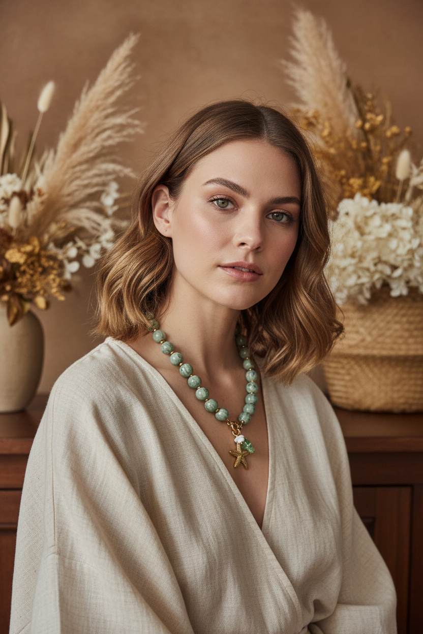 Collier vert porté par un mannequin
