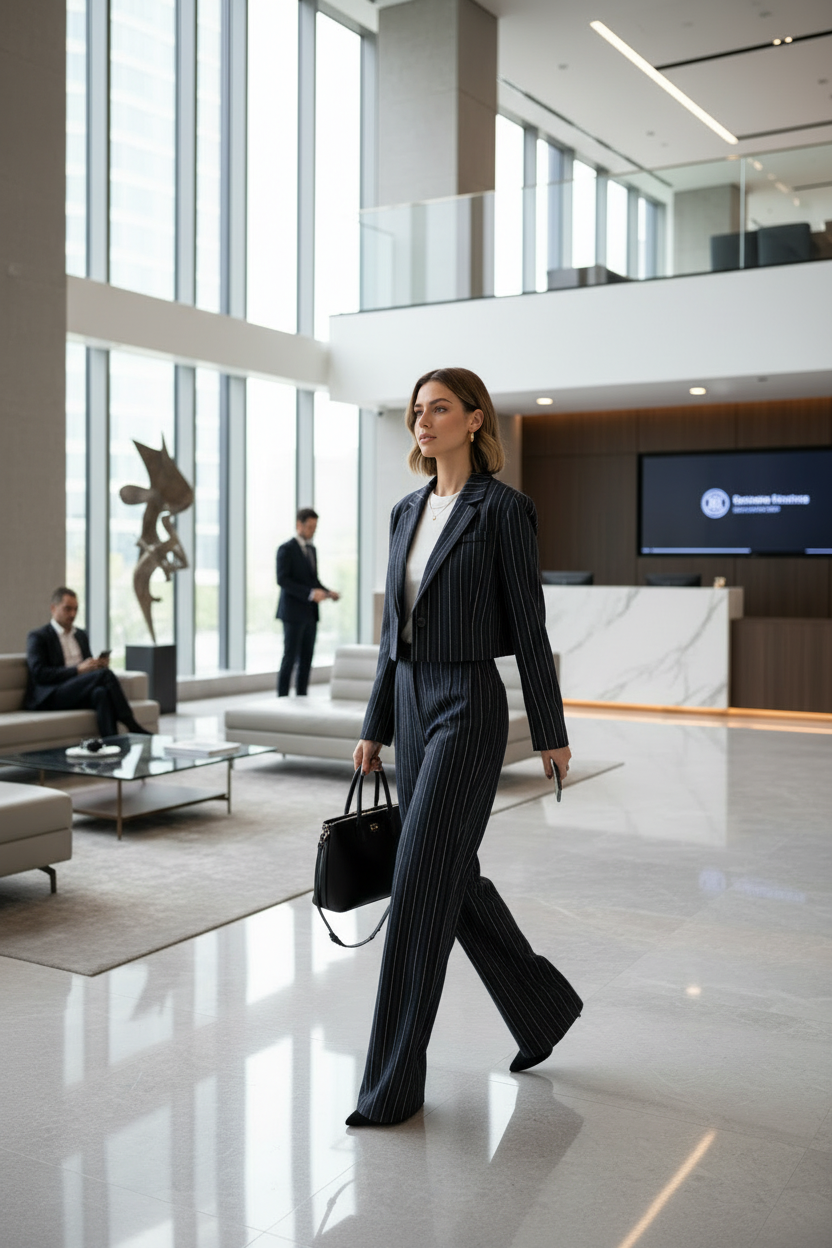 Femme en tailleur rayures – pose différente