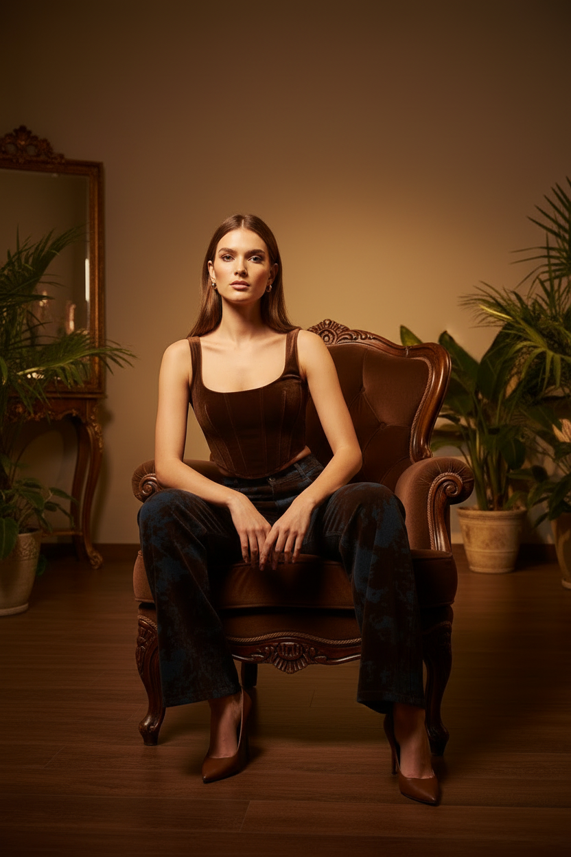 Look jean tie-dye & corset chocolat - pose assise