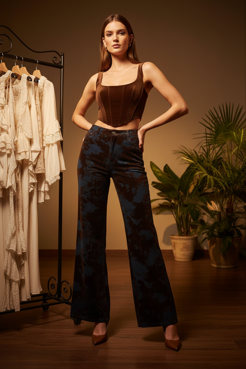 Look jean tie-dye & corset chocolat