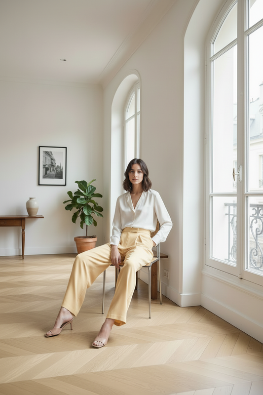 Pantalon jaune pastel - pose assise