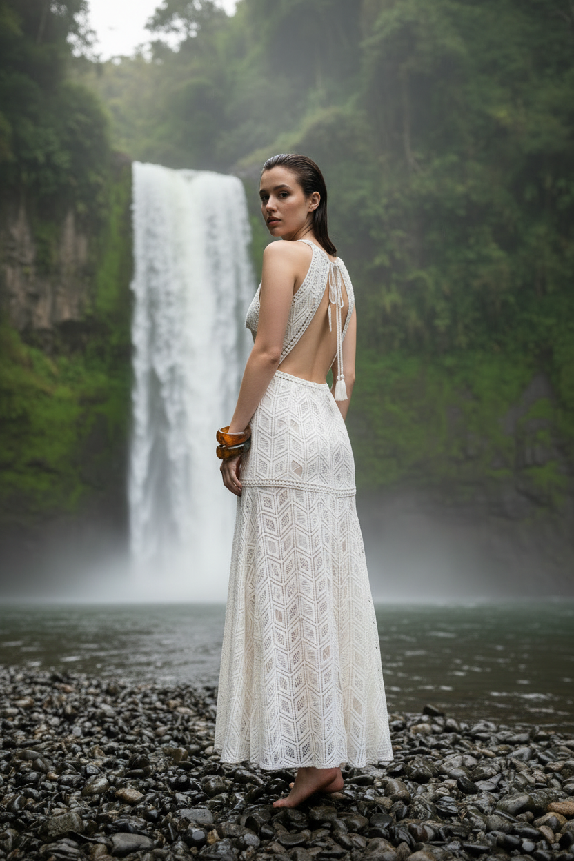 Robe crochet blanche – dos – bracelets résine