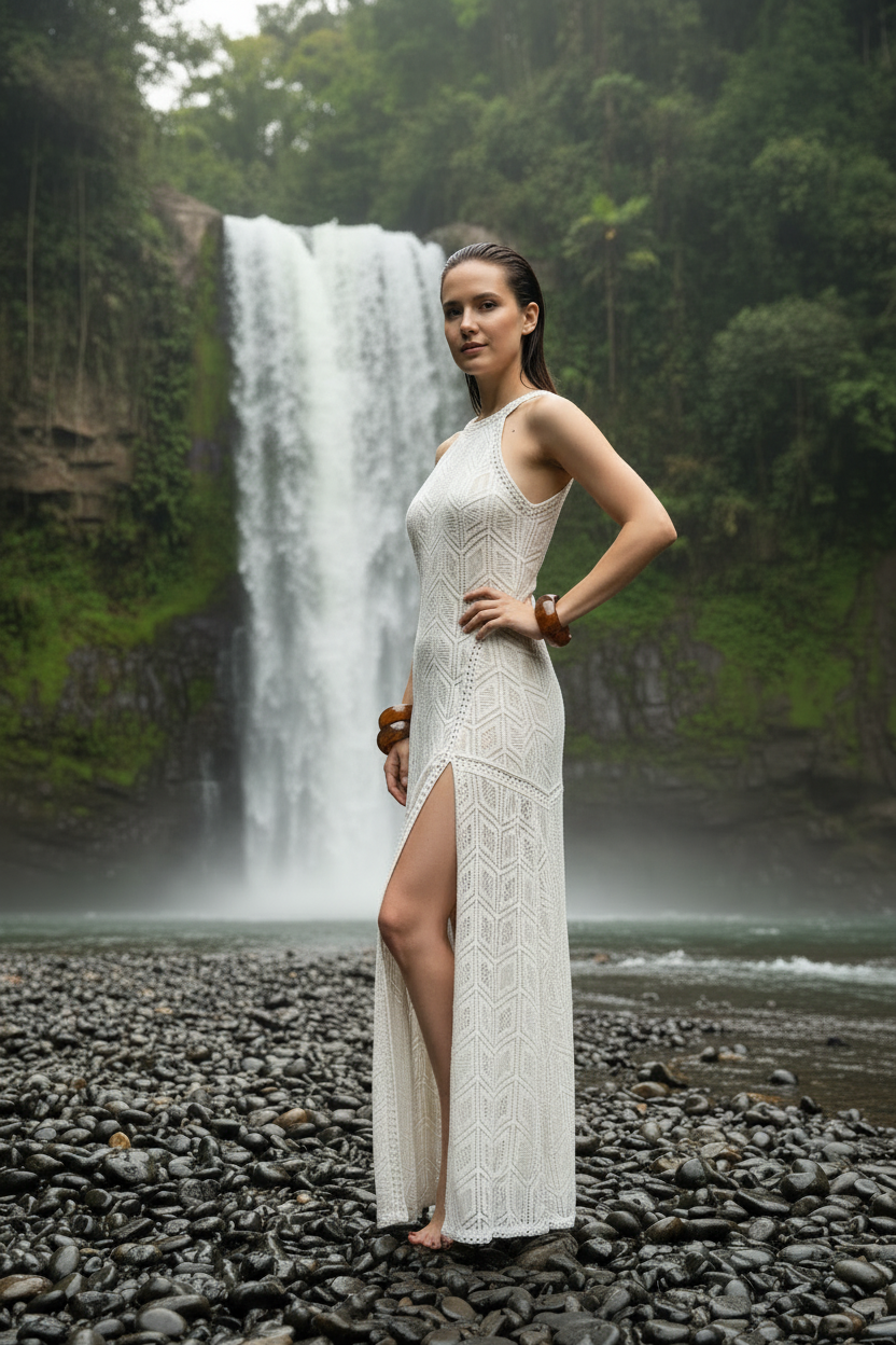 Robe crochet blanche – trois-quarts cascade