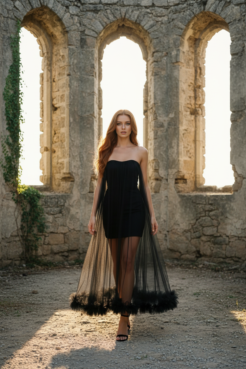 Robe noire originale – rousse – château abandonné jour