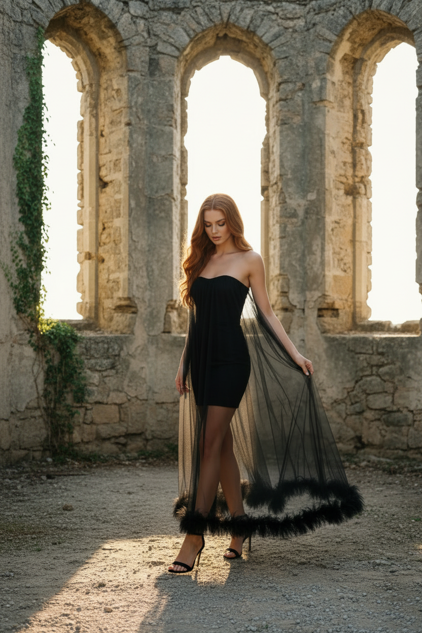 Robe noire – rousse – château – nouvelle pose