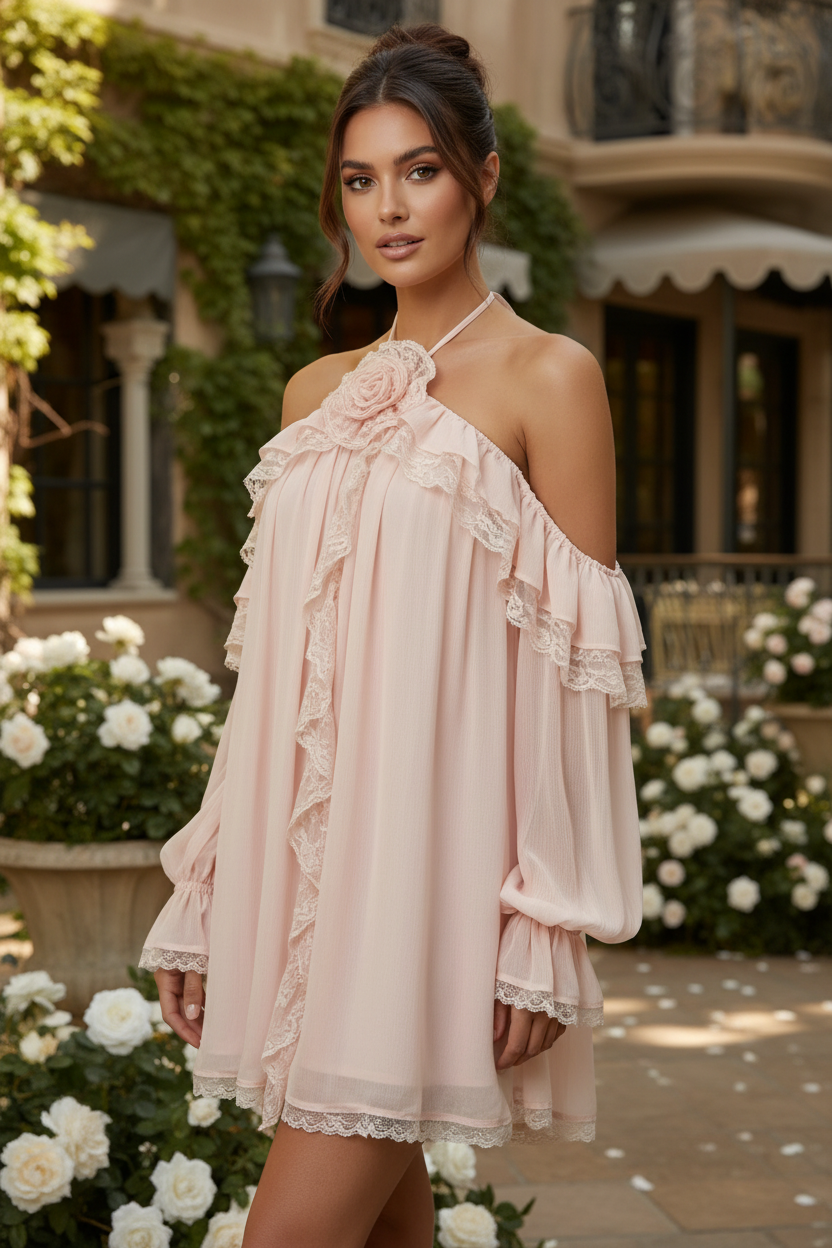 Robe rose – brune chignon trois-quarts