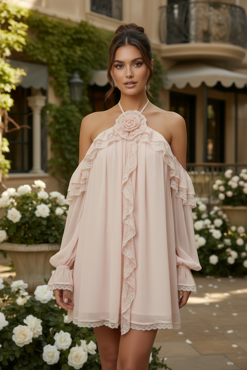 Robe rose – brune chignon vue de face