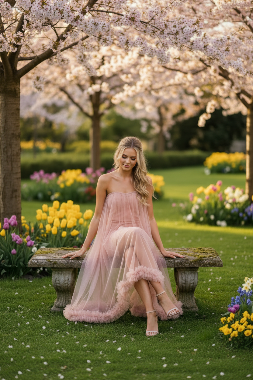Robe tulle rose – assise banc romantique