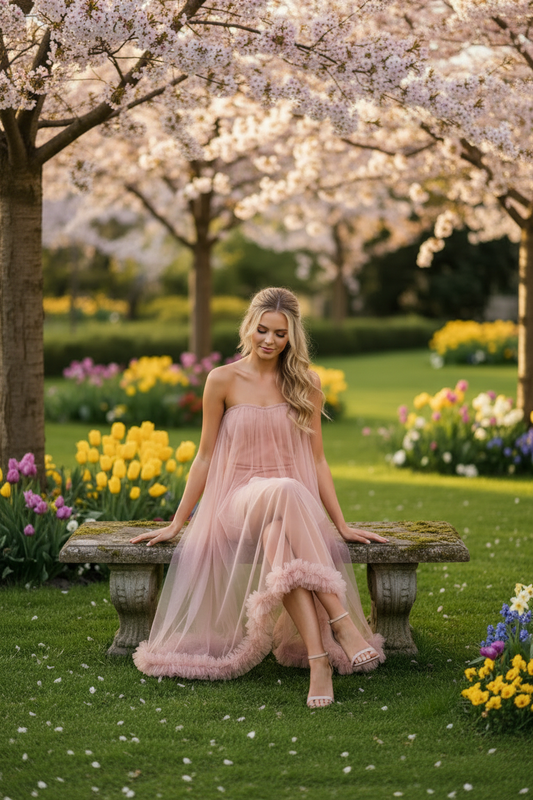 Robe tulle rose – assise banc romantique
