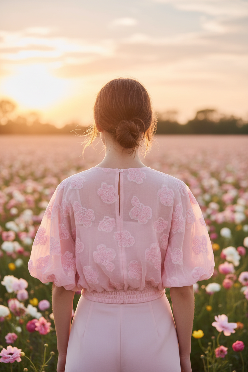 Top Iris Rose – Vue de dos – Ambiance florale