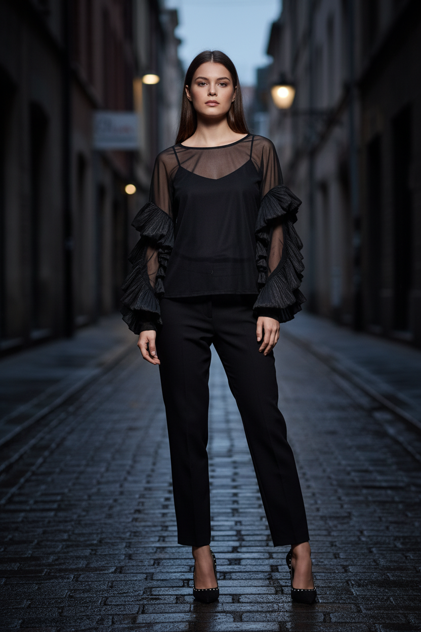 Top noir mesh – volants sous les manches seulement